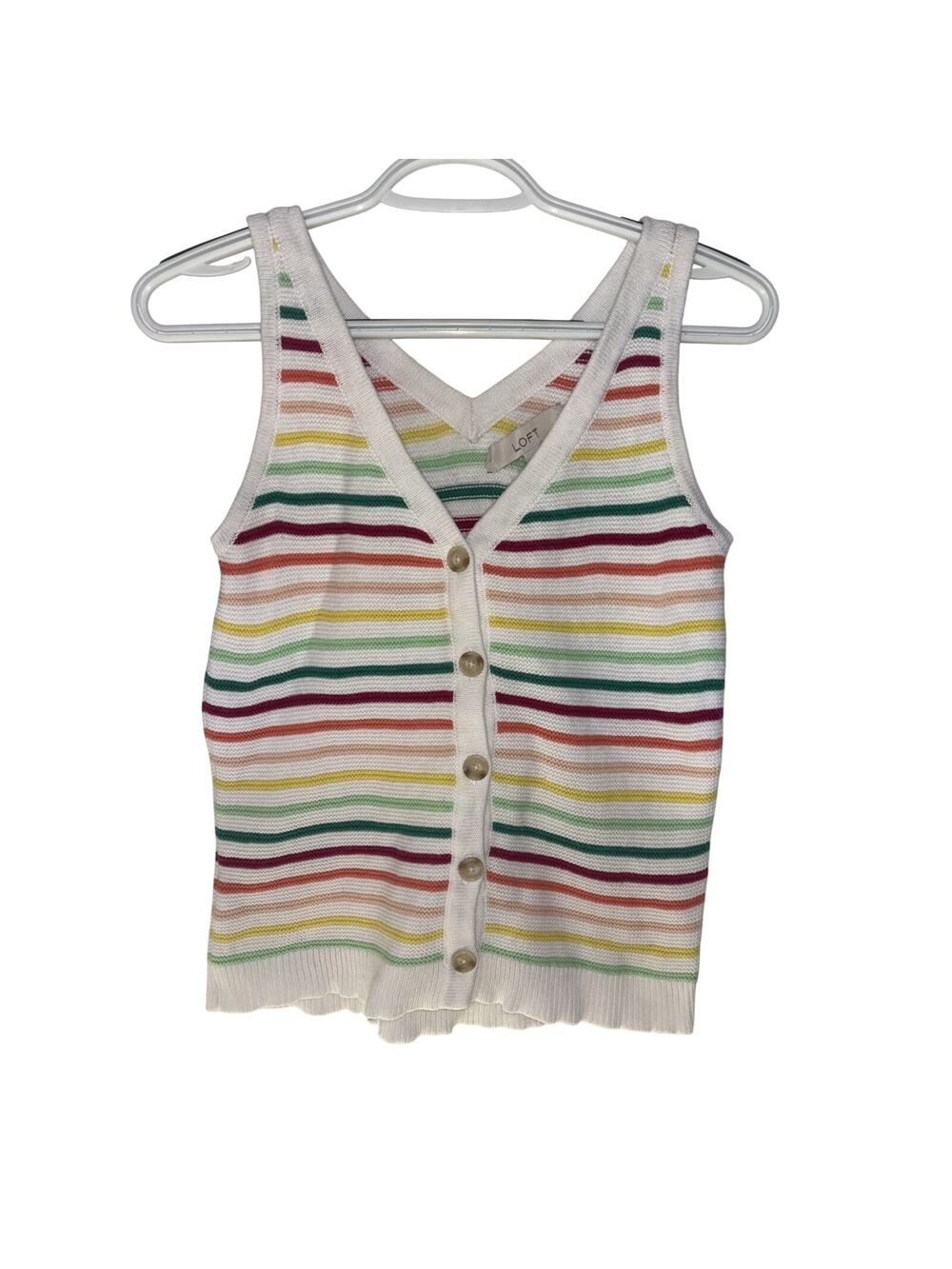 Loft Rainbow Striped Knit Button Tank XS Pride Festival Cotton Beach